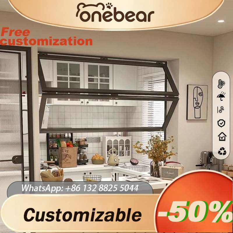 Commercial Kitchen Windows - หน้าต่างอลูมิเนียมสีดำแบบพับได้สองชั้นแนวตั้งสำหรับครัวเชิงพาณิชย์และหน้าต่างกระจกแบบพับขึ้นลงสำหรับภายนอกอาคาร