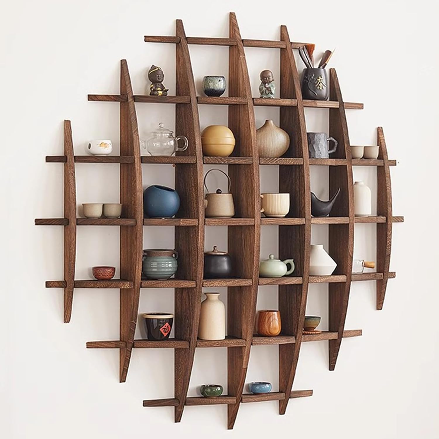 Wall Shelf Commercial Kitchen - ที่วางถ้วยชาจีนไม้เนื้อแข็งติดผนัง ชั้นวางกาน้ำชา ตกแต่งผนัง ชั้นวางอุปกรณ์ชงชา สำหรับห้องนั่งเล่น ห้องครัว