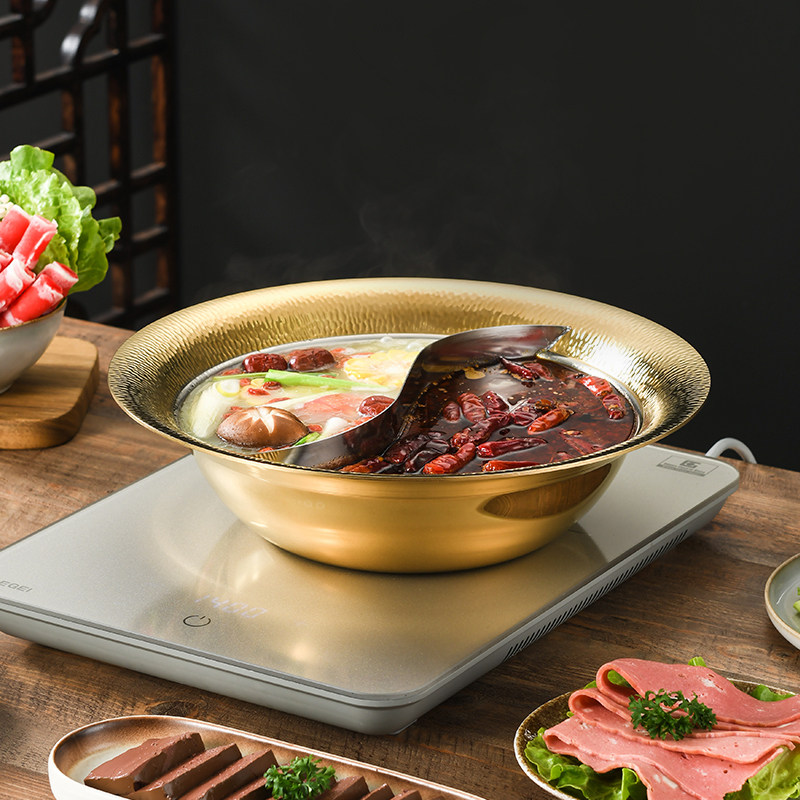 Induction Cooker Commercial - หม้อสแตนเลส 304 เกรดเชิงพาณิชย์ หนาพิเศษ ลายตอก แบบสองช่องสำหรับใส่เครื่องปรุง/ใช้กับเตาแม่เหล็กไฟฟ้า