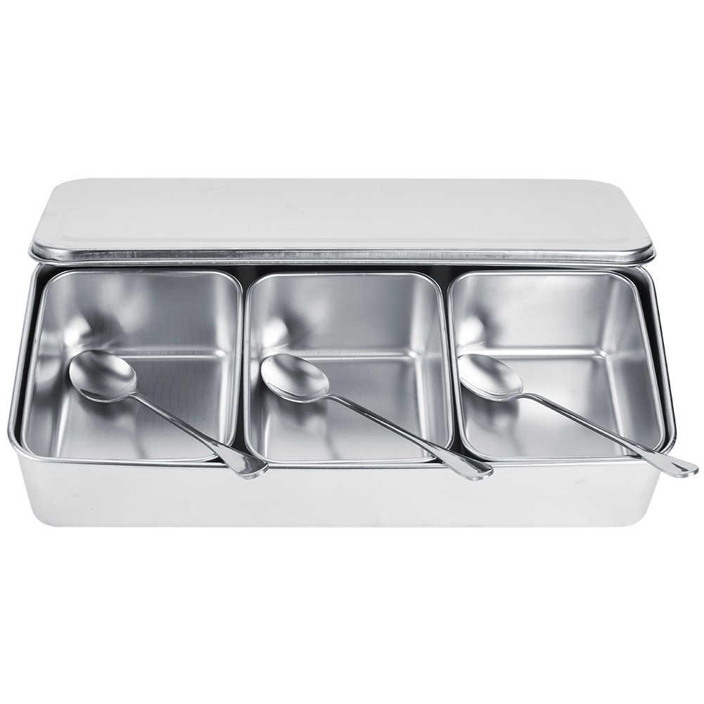Commercial Kitchen Utensils - ชุดกล่องใส่เครื่องปรุงรสสแตนเลส 3 ช่อง พร้อมฝาปิดและช้อน สำหรับจัดเก็บเครื่องปรุงรสในครัว